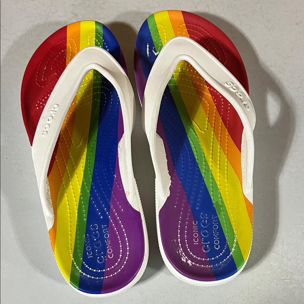 CROCS M10/W12 Multicolor Rainbow Flip Flops